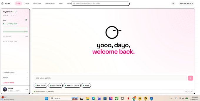 Screenshot of the da.gs platform chat interface showing a welcome message 'yooo, dayo, welcome back.' alongside token management buttons.