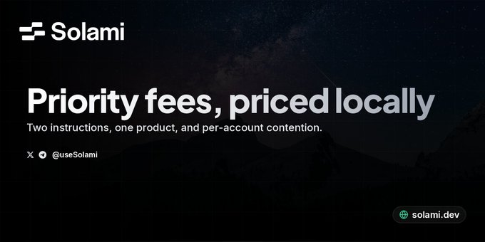 A dark promotional banner for 'Solami' featuring the headline 'Priority fees, priced locally' with tagline 'Two instructions, one product, and per-account contention', social handle '@useSolami', and website 'solami.dev'.