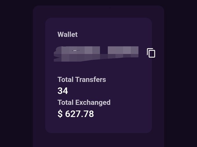Dark purple user interface panel showing a partially obscured 'Wallet' address with 34 total transfers and a total exchanged amount of $627.78.