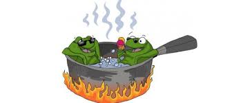 The image features two green frogs sitting inside a pot of boiling water, with steam rising from the pot. The pot has a handle sticking out of it. In the background, there are two more green frogs wearing sunglasses and holding a microphone. Above them, there is a fire burning brightly. The caption reads "In 2022 big accounts (hsaka) would tweet 'the boiled frog enjoys a milkshake on a hot summer day'".