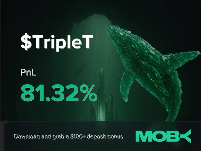 A Moby promotional graphic highlights a trader who closed a $TripleT position with a PnL of +81.32%, featuring a large green whale and the Moby logo alongside a $100+ deposit bonus offer.