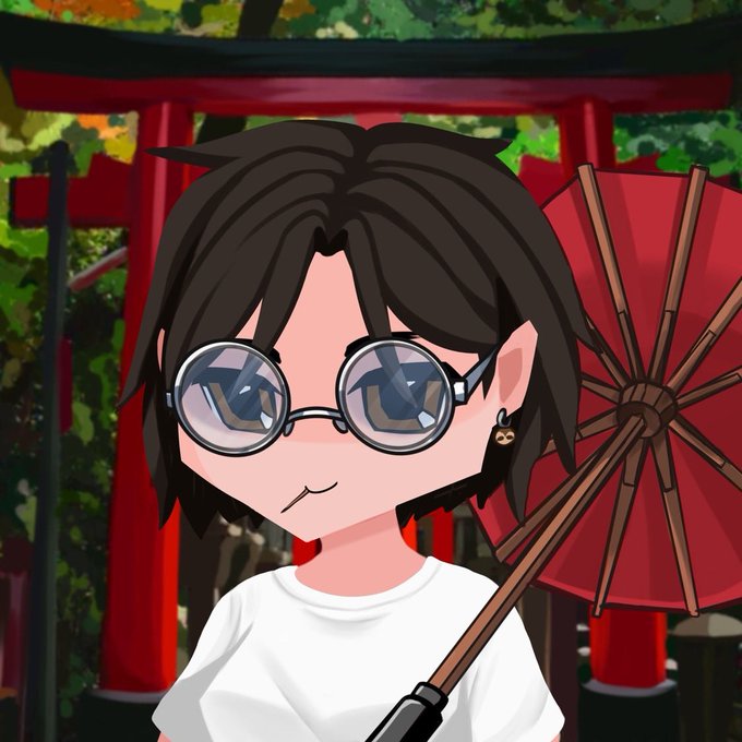 A 3D anime-style character with messy dark hair and large round glasses wearing a white shirt, holding a red paper umbrella in front of a red torii gate.