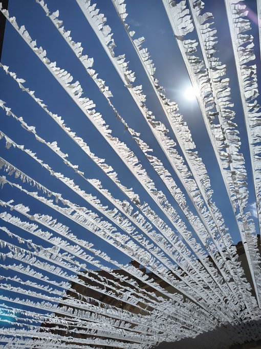 Low-angle photograph of white decorative string lights or fringed material arranged in a radial pattern against a deep blue sky, with the sun shining brightly in the center.