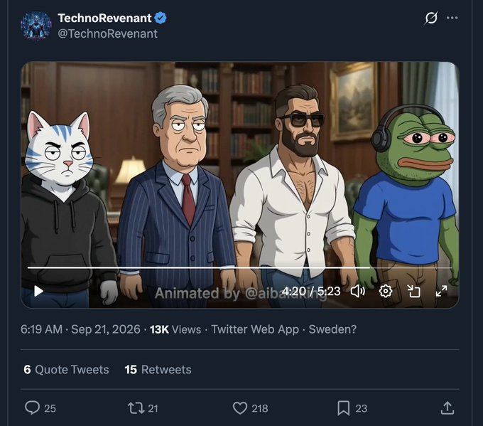 A Twitter post by @TechnoRevenant showing a 5-second animated clip featuring cartoon-style characters: a white cat in a hoodie, an older man in a suit, a muscular man in a white shirt and sunglasses, and a Pepe the Frog wearing headphones.