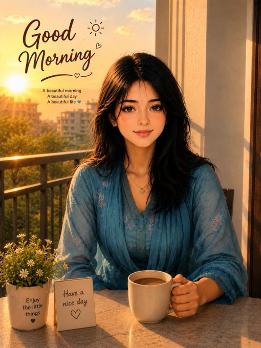 A serene illustration of a young woman holding a coffee mug at sunrise, accompanied by uplifting text like "Good Morning," "A beautiful morning, A beautiful day, A beautiful life," "Have a nice day," and "Enjoy the little things." The image perfectly complements the post's cheerful "GM fam, Have a lucky day" message, setting a warm, positive tone to start the day.