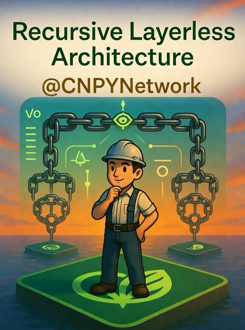Digital illustration titled 'Recursive Layerless Architecture @CNPYNetwork' showing a cartoon construction worker standing on a platform between two large chain-link structures over an ocean at sunset.