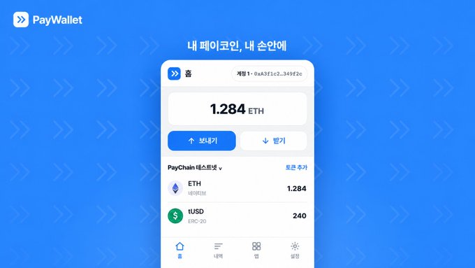 A blue PayWallet advertisement shows the Korean headline “내 페이코인, 내 손안에” above a phone wallet interface displaying “1.284 ETH” and buttons labeled “보내기” and “받기.” The token list includes “ETH,” “1,284,” “USD,” and “ERC-20.”