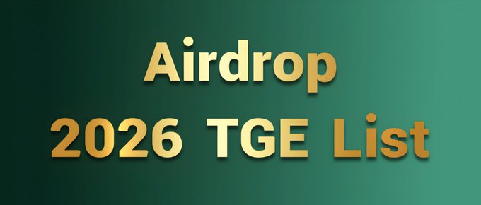 The image shows a promotional banner for an upcoming TGE list. The banner features a green background with gold text that reads "Airdrop 2026 TFEG List", displaying a list of 55 projects expected to launch tokens in the year 2006 or 2007, including projects like OpenSea and Q2.