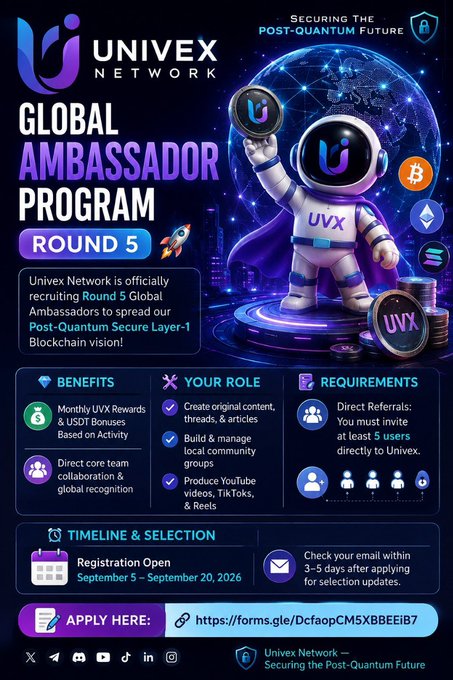 A promotional poster for the "UNIVEX NETWORK Global Ambassador Program Round 5," detailing benefits like monthly UVX rewards and USDT bonuses, with an application link and registration dates of September 5 – September 20, 2026.