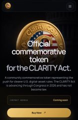 The image shows a promotional graphic for an official commemorative token celebrating the CLARITY Act, featuring a gold coin design with the text "Official commemorative token for the CLARITY Act" alongside a description of the legislation regarding digital asset rules. The accompanying post announces that the CLARITY Act coin will launch later today on Solana, tying the image directly to this upcoming meme coin release tied to the crypto legislation narrative.