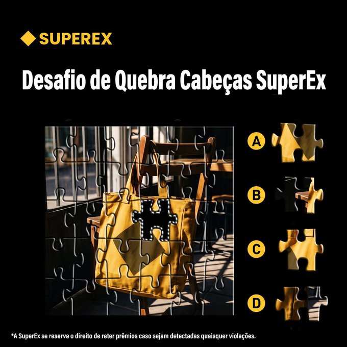 'SUPEREX - Desafio de Quebra Cabeças SuperEx' puzzle challenge featuring a yellow bag with a puzzle piece missing, with options A, B, C, D.