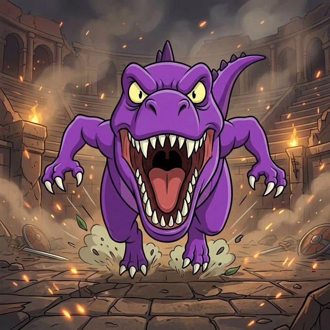 The image features a cartoon dinosaur with its mouth open, teeth showing, and tongue sticking out. The dinosaur appears to be running or jumping through a scene filled with smoke and flames, suggesting an action-packed moment. The caption of the image reads "Big news in the meme coin jungle! Say hello to @Monkosaurus_ the prehistoric powerhouse dropping $MONKO on @monad ." This implies that there is some sort of connection between the dinosaur and Monksaurus, possibly a character or event from a popular meme.