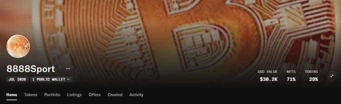 A profile header for '8888Sport' on what appears to be a NFT/crypto platform, showing USD value $30.2K, NFTS 71%, and TOKENS 29%.