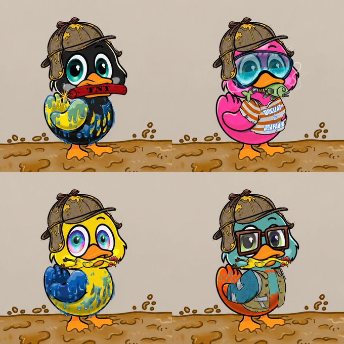 Four cartoon ducks wearing detective-style hats, each in different colors (black, pink, yellow, teal) with accessories like a TNT stick, bubble gum, glasses, and a vest.