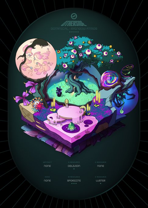 An artistic, surreal digital illustration depicting a "BOTANICAL RAINBOW ATMOS" diorama featuring a stylized tree, candles, and purple landscapes. Attributes like "OBLIVION," "SPOROCITE," and "LUSTER" are listed at the bottom.
