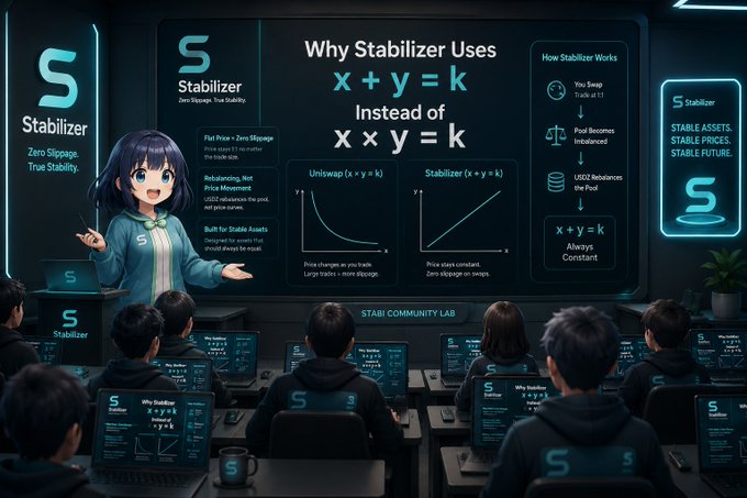 An anime-style illustration of a presenter standing before an audience in a 'STABI COMMUNITY LAB', explaining why 'Stabilizer' uses the formula 'x + y = k' instead of 'x × y = k' for Uniswap-like liquidity pools, with the slogan 'Zero Slippage. True Stability.'