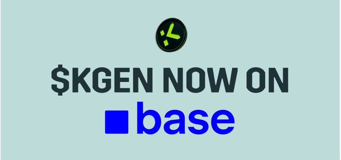 A simple light blue graphic with a clock icon and bold text reading '$KGEN NOW ON base', indicating the $KGEN token is available on the Base network.