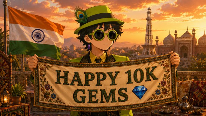 Anime-style character in a green hat holds a banner reading "HAPPY 10K GEMS 💎" with an Indian flag and Taj Mahal in the background at sunset.