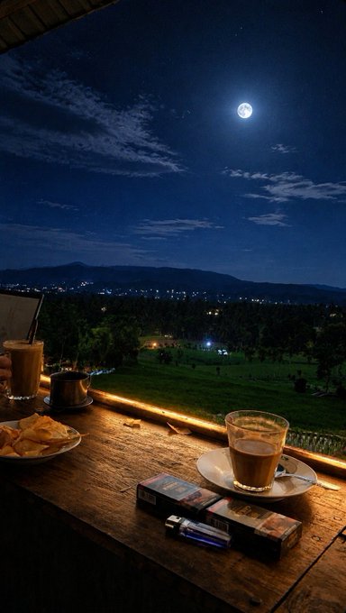 A nighttime scene from a balcony overlooking a moonlit landscape with mountains in the distance, featuring coffee cups and cigarettes on a wooden table in the foreground.