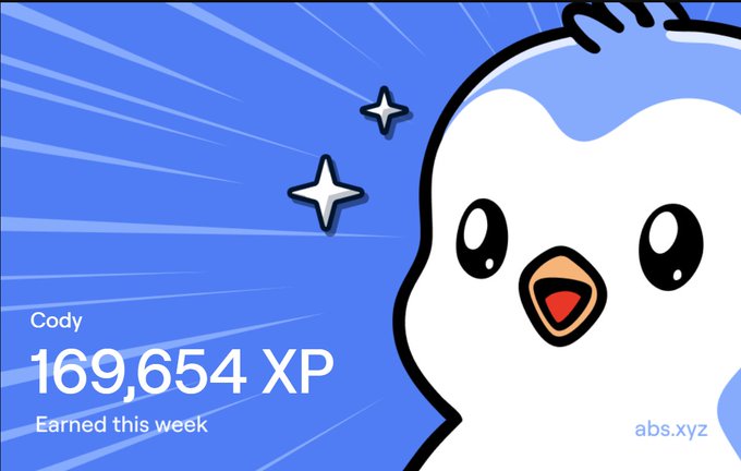 A digital achievement card from the abstract platform showing user Cody earned 169,654 XP this week, featuring a cartoon chick mascot.