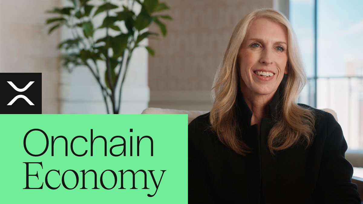 Nancy Beaton, U.S. President at Uphold, smiles in a professional headshot alongside a green "Onchain Economy" banner and the XRP logo, appearing as a featured guest on Ripple's Onchain Economy series discussing XRP's role in the future of finance.