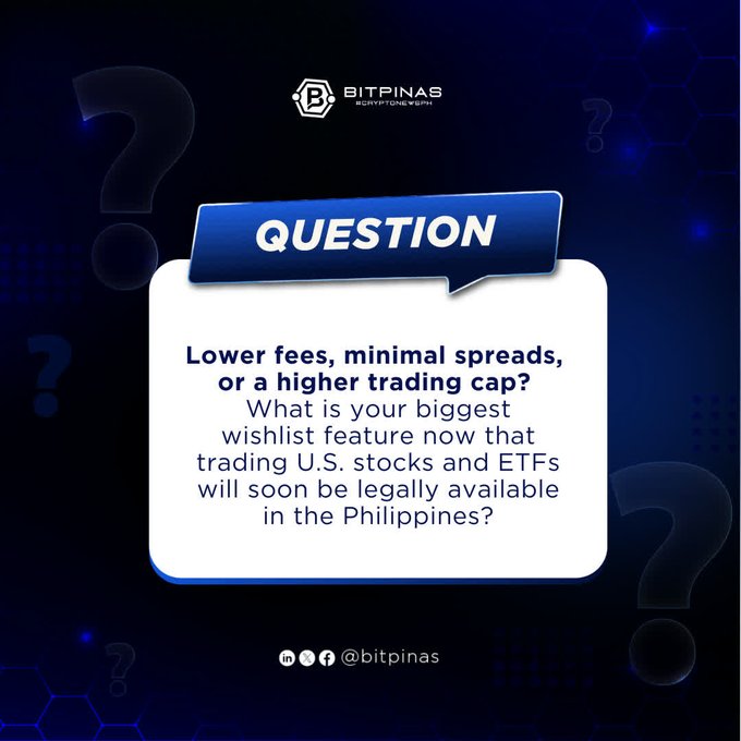 A blue graphic from BitPinas Cryptocurrency News asking: "QUESTION - Lower fees, minimal spreads, or a higher trading cap? What is your biggest wishlist feature now that trading U.S. stocks and ETFs will soon be legally available in the Philippines?" with social media handles @bitpinas.