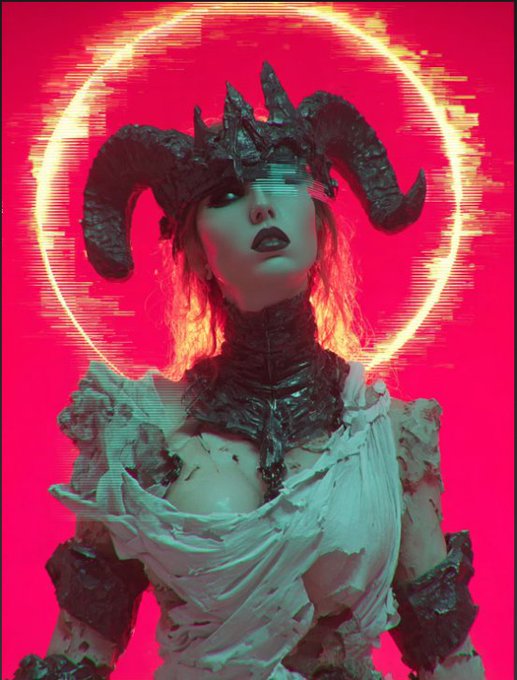 A horned figure in dark gothic attire stands centered against a vivid red background, encircled by a glowing halo with glitched, radiating edges that evoke a digital distortion effect. The image visually embodies the "Red Halo of Rebellion" concept, with the crimson tones and spectral ring reinforcing the rebellious, otherworldly aesthetic of the original photographic portrait.