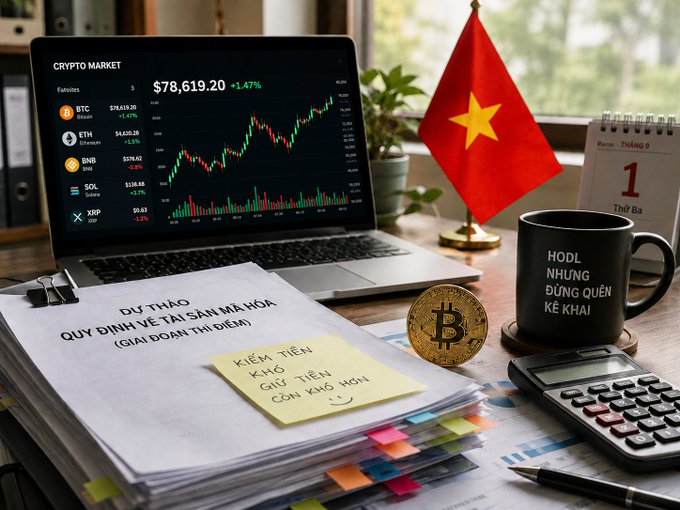 A workspace scene featuring a laptop displaying crypto market prices (BTC, ETH, BNB, SOL, XRP) alongside a Vietnamese flag, Bitcoin token, and documents labeled 'DỰ TH�O QUY ĐỊNH VỀ TÀI SẢN MÃ HÓA'.