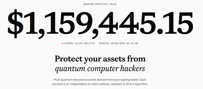 A website banner displaying 'QUANTUM PROTECTED VALUE $1,159,445.15 ACROSS 23,643 WALLETS' with text stating 'Protect your assets from quantum computer hackers'.