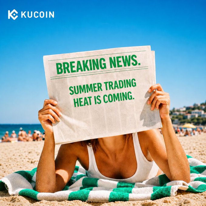 A woman lounges on a green and white striped towel at the beach, holding up a newspaper that reads "BREAKING NEWS. SUMMER TRADING HEAT IS COMING," with the KuCoin logo in the top corner—visually reinforcing the campaign's invitation for new users to register, trade, and win summer prizes.