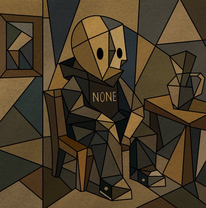 A cubist-style painting of a faceless, angular figure sitting on a chair wearing dark clothing with the word 'NONE' written across the chest, with a geometric teacup on a table to the right.