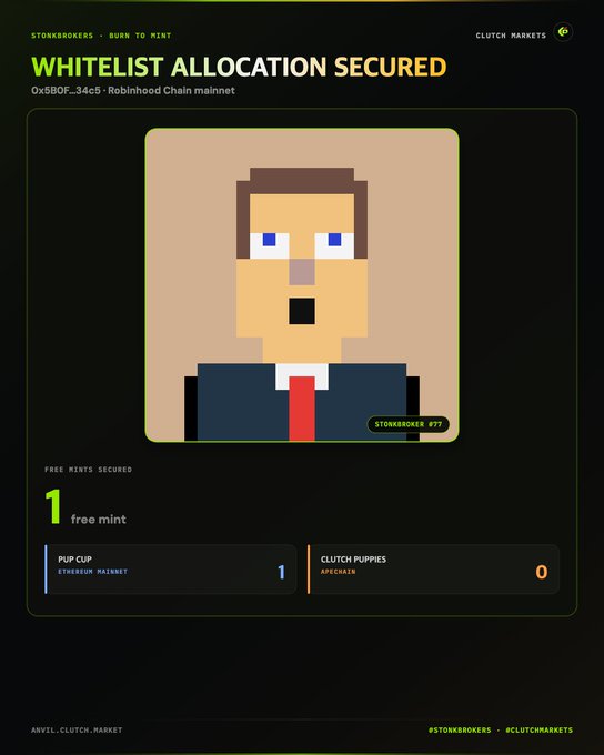 Clutch Markets NFT mint confirmation screen titled 'WHITELIST ALLOCATION SECURED' for STONKBROKERS, showing pixel art character #77 and free mints secured.