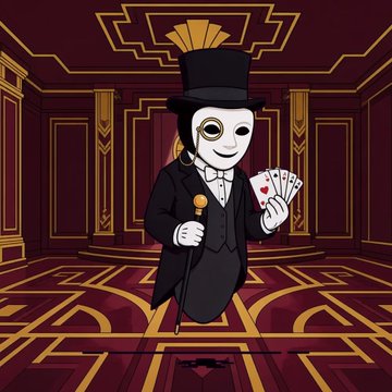 A cartoon magician in a top hat and black suit stands in a red-and-gold Art Deco room, holding playing cards and a microphone.
