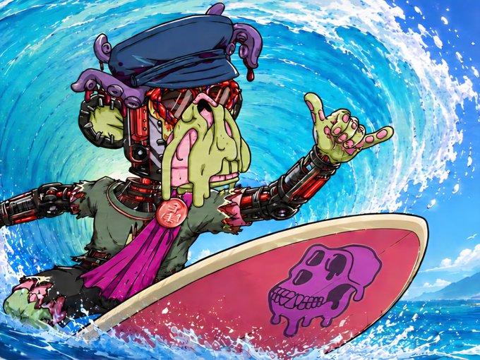 A vibrant illustration of a decaying, zombie-like character with a jester hat surfing on a pink board with a skull design, riding inside a blue ocean wave.