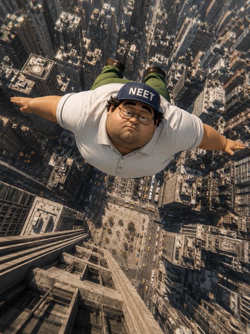 The image features an overweight man wearing glasses, who appears to be flying through the air above a cityscape. The man's arms are outstretched as he looks down upon the buildings below him. The caption of the image reads "hope you all keep the same energy when neet hits a dolla". This phrase is likely meant to convey a sense of hope and positivity, despite the man's weight or appearance.

The cityscape in the background includes tall buildings that stretch towards the sky, creating an urban environment for the man to soar through. The image captures a unique perspective of the city from above, emphasizing the contrast between the man's size and the towering structures below him.