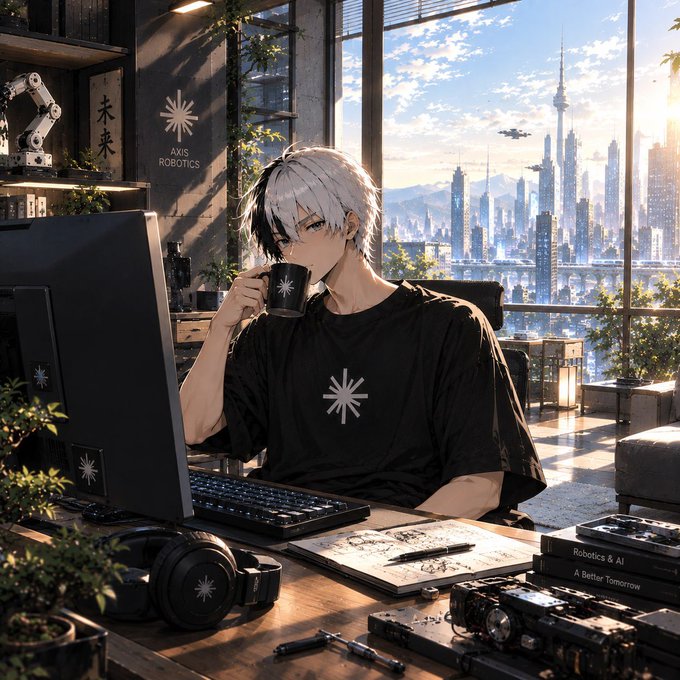 An anime-style illustration shows a white-haired young man in a black t-shirt with a starburst logo sitting at a desk with a computer, sipping coffee in a high-rise apartment overlooking a futuristic cityscape with robots and books visible nearby.