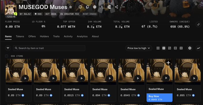 A screenshot of the MUSEGOD Muses NFT collection by RALKZ on OpenSea, showing 999 items including 'Sealed Muse' NFTs with floor prices ranging from 0.09 to 0.095 ETH.