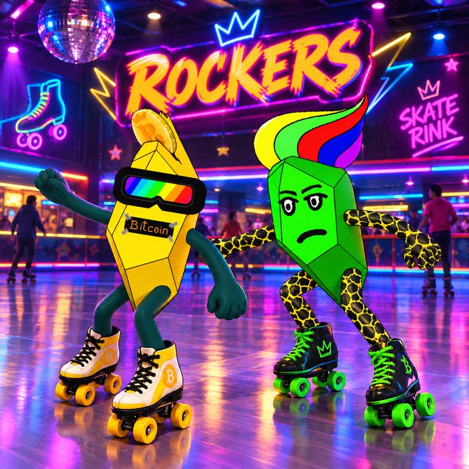 A vibrant cartoon illustration of a Bitcoin character and a green character roller skating at a 'ROCKERS' skate rink, wearing sunglasses and roller skates with the Bitcoin logo.