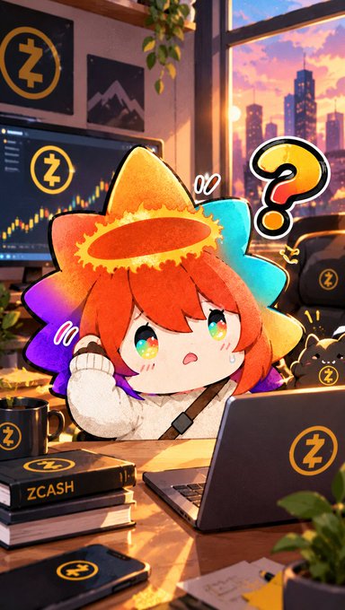 A colorful illustration of a cute character with rainbow hair wearing a golden halo/crown, sitting at a desk with a laptop and items branded with the Zcash (Z) cryptocurrency logo, with a question mark floating nearby.
