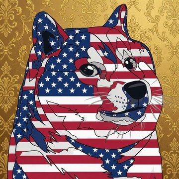 An illustration of a Shiba Inu dog painted with the American flag pattern (stars and stripes) against a gold damask ornamental background.