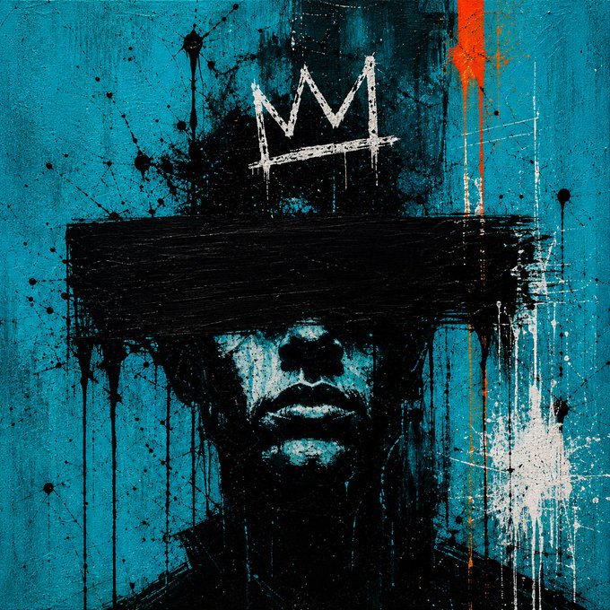 The image features a black and white painting of a man's face with a crown, surrounded by splatters of paint that give it an abstract appearance. The painting is titled "OFFICIAL ARCHIVE: opensea.io/collection/cha III Final Signal III 11 hours remain before archive deployment. 111 fragments waiting to be written onto Ethereum. some arrive for the art. some arrive because the archive keeps calling them back." This artwork seems to be a representation of the digital age, where information and knowledge are constantly being shared and updated in real-time. The man's face with the crown could symbolize the idea that certain individuals or ideas hold power and authority over others, while the splatters of paint represent the ever-changing nature of information and communication in today's fast-paced world.