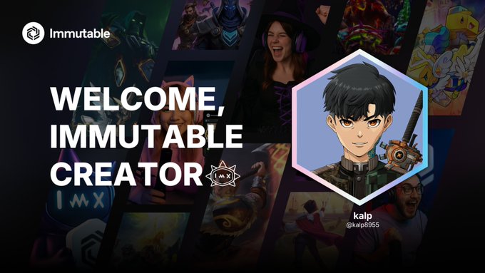 A promotional banner from 'Immutable' welcoming a new creator, featuring an anime-style character with a robotic arm named 'kalp' (@kalpa995).