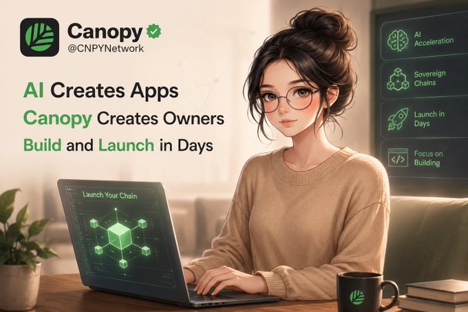 Promotional graphic for 'Canopy (@CNPYNetwork)' featuring an illustrated woman working on a laptop with the tagline 'AI Creates Apps, Canopy Creates Owners, Build and Launch in Days.'