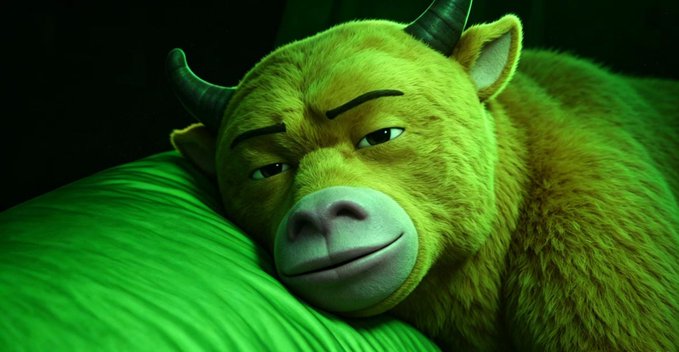 A green furry bull-like animated character with horns rests its head on a green surface.