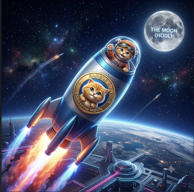 A digital illustration of an orange tabby cat in an astronaut helmet waving from a rocket ship soaring past Earth toward 'THE MOON (HODL)', with a '$AFHRE COIN' emblem and 'HODL to the MOON' text on the rocket.