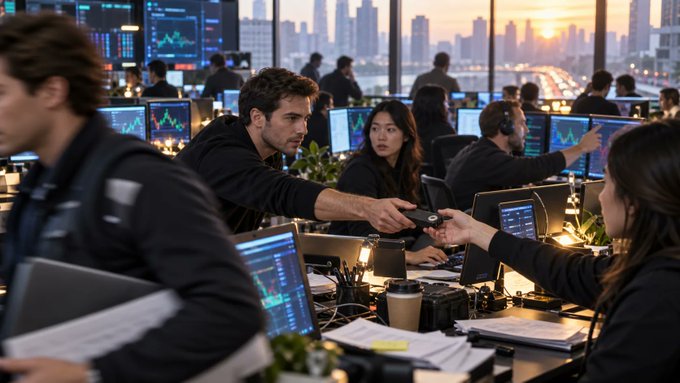 A bustling trading floor at sunset with multiple monitors displaying financial charts, where workers are collaborating and one man is handing a device to a colleague.