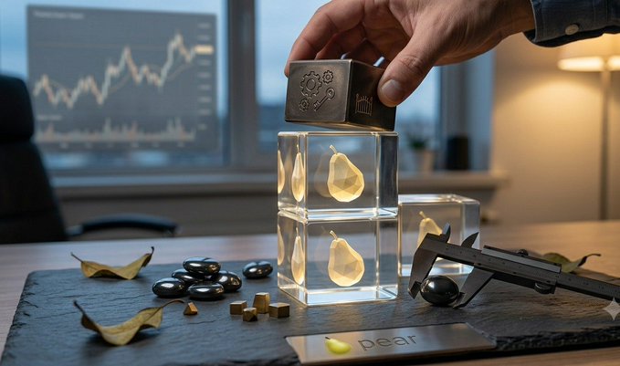 A hand places a metal block engraved with a pear logo and gear icon atop two glowing glass cubes containing pear-shaped objects, while a price chart flickers in the background and a card reads "pear." The staged scene visually represents the @tradeonpear post's warning that seemingly visible price gaps (the chart and stacked cubes) can lose their value once hidden costs like fees (symbolized by the gears on the block) are factored in.