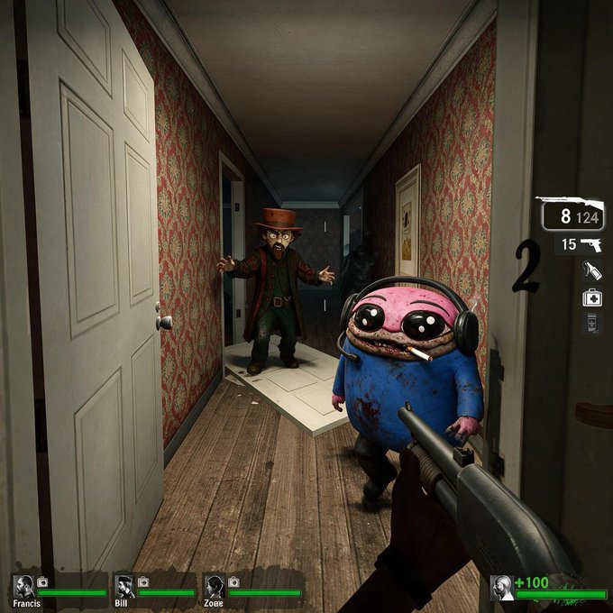 First-person shooter video game scene showing the player holding a shotgun in a hallway with red floral wallpaper, facing a zombie-like creature in a top hat and a pink-faced character wearing headphones; HUD shows teammates Francis, Bill, and Zoe.