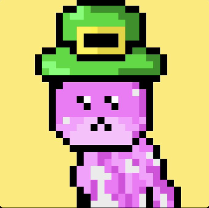 A pixel art illustration of a pink character wearing a green leprechaun-style hat with a gold buckle against a yellow background.