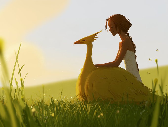 A young woman in a white dress tenderly embraces a large yellow chocobo in a sunlit meadow, depicting the AI artwork "The Golden Chocobo" — an homage to Final Fantasy VII. The piece evokes a peaceful, magical bond between the rider and her iconic golden mount.